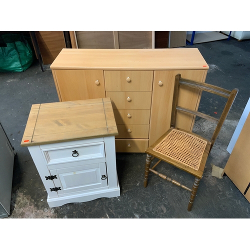 Mixed Lot of Furniture Including A Stylish Modern Sideboard with Five Drawers and Twin Doors with Four Shelves. Good, solid and sturdy ( 33Hx43Wx13Dcm), A Beautiful Chair with Woven Rattan Seat and&nbsp;Small Pine Single Drawer and Cupboard (68HX53WX38Dcm)