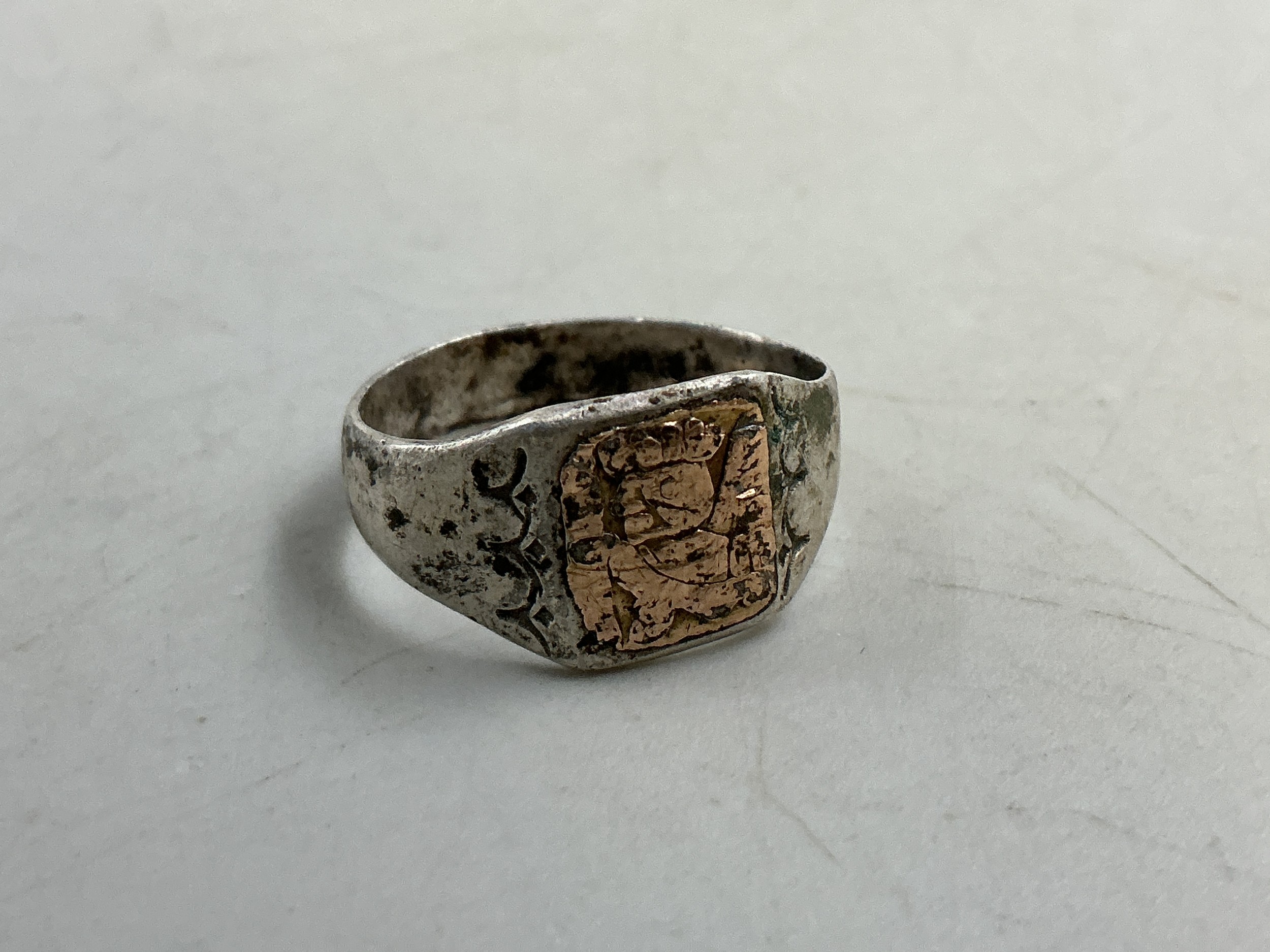 A Vintage 925. Silver and Yellow Metal Aztec Style Signet Ring, Size S