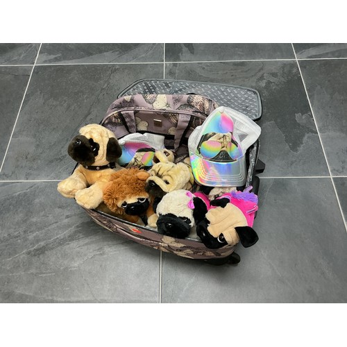 755 - Collection of soft Pugg teddy's in a butterfly suitcase with matching bag