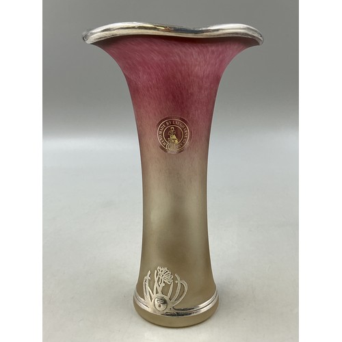 18 - Laugharne glass and sterling silver overlay trumpet vase in Art Nouveau style. 16cm high approx.