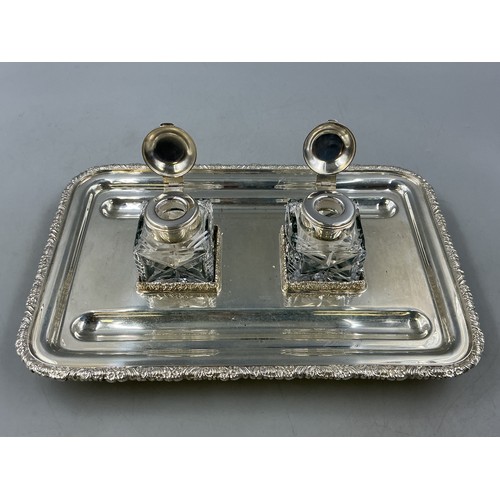 21 - Barker Ellis Silver Plated Double Inkwell Stand with Crystal Inkwells