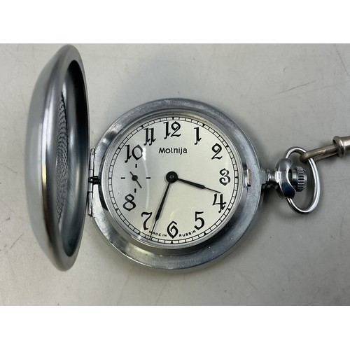 52 - Mid Century Soviet Molnija Full Hunter Mechanical Pocket Watch with Chain (Working)