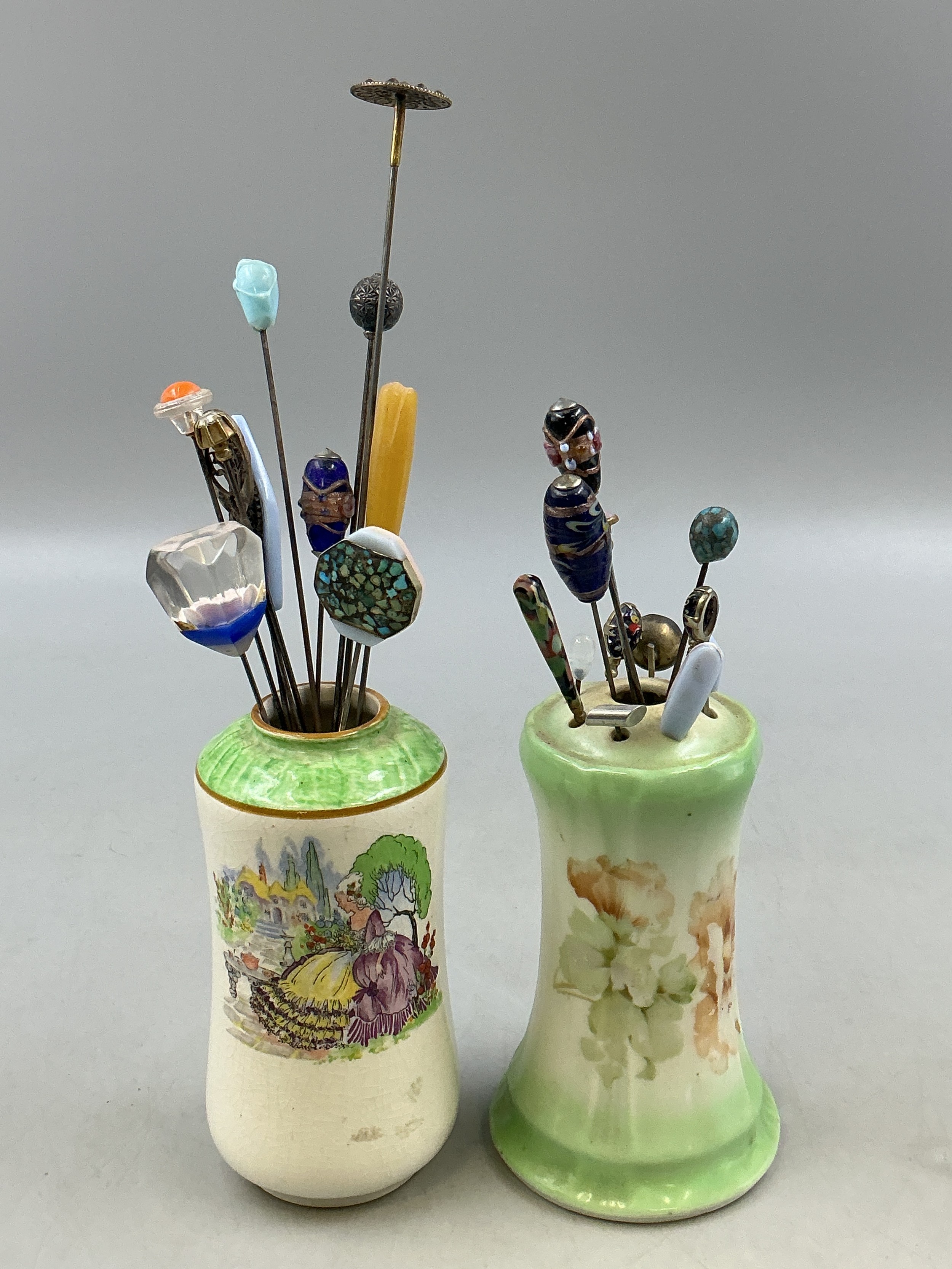 Two Antique Hat Pin Holders Complete with Hat Pins