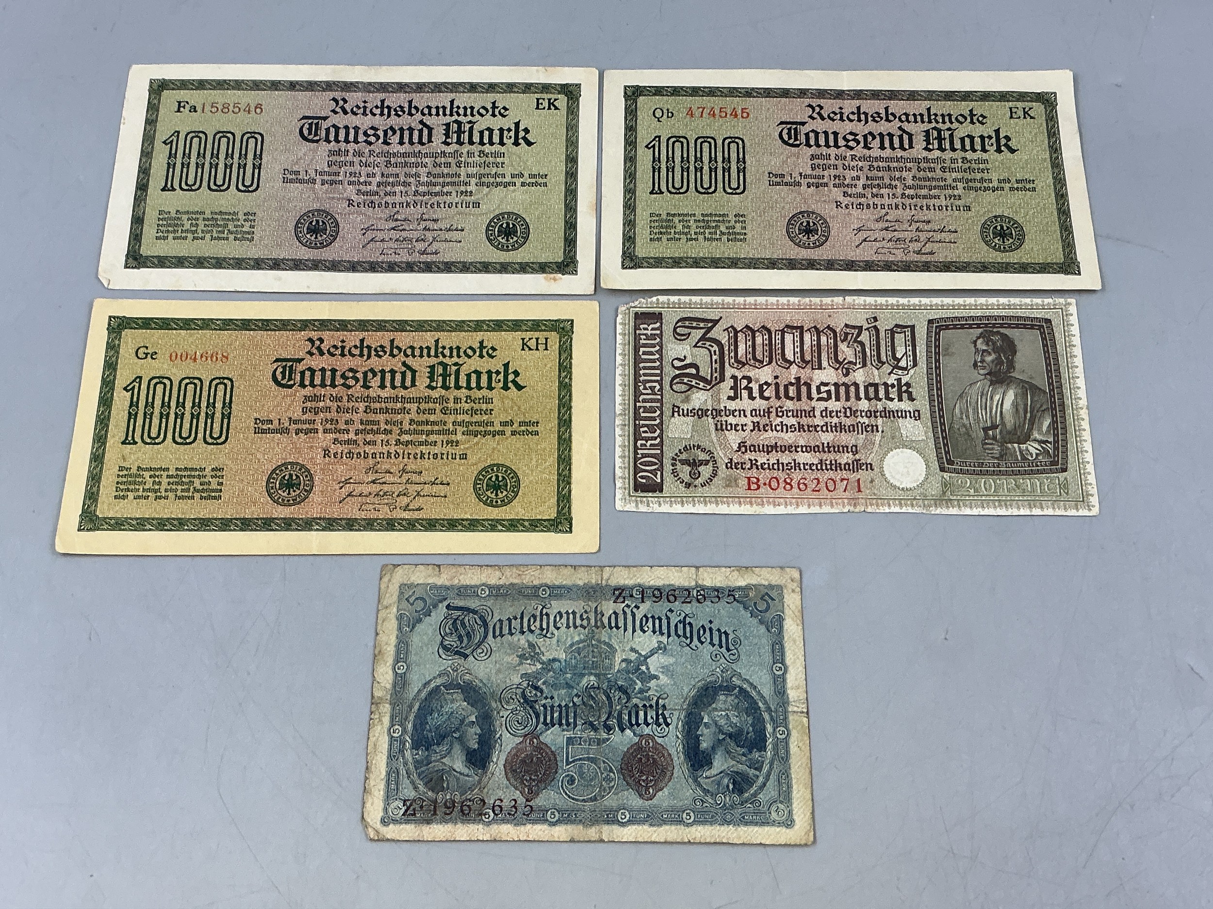 Five Vintage German Banknotes - Includes WWII Nazi Germany 20 ...