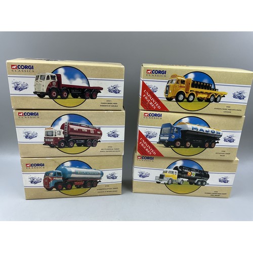 Corgi: Six Boxed Corgi Model Lorries to Include AEC Eliptical Tanker (Major, Complete With Unpainted Figures, Model No 97328) Limited Edition Atkinson 8 Wheel Rigid With Crates ( Lucozade, Complete With Unpainted Figures, Model No 97334 ) Foden 8 Wheel Rigid ( Robson's of Carlilse, Model No 97971) Scammell Highwayman Tanker ( Shell Mex/BP Model No 97840) AEC Cylindrical Tanker ( North Eastern Gas Board, Model No 97932 ) and Atkinson Elliptical Tanker ( Pollock of Musselburgh, Model No 97162 )