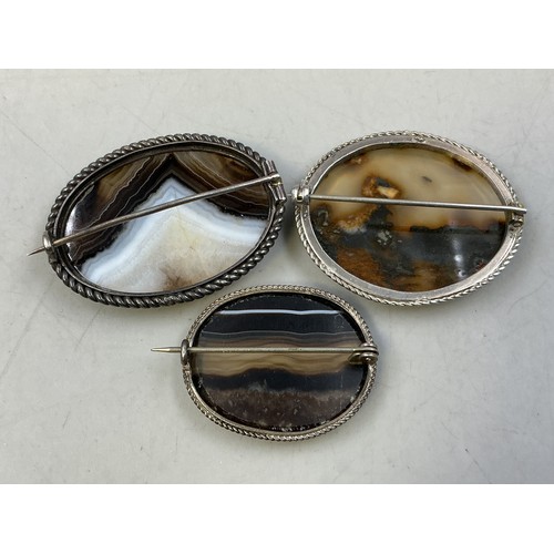 19 - Three Agate Sterling Silver Brooches