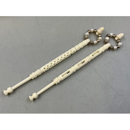224 - Pair Of Boxed Hand Carved Bone Lace Bobbins