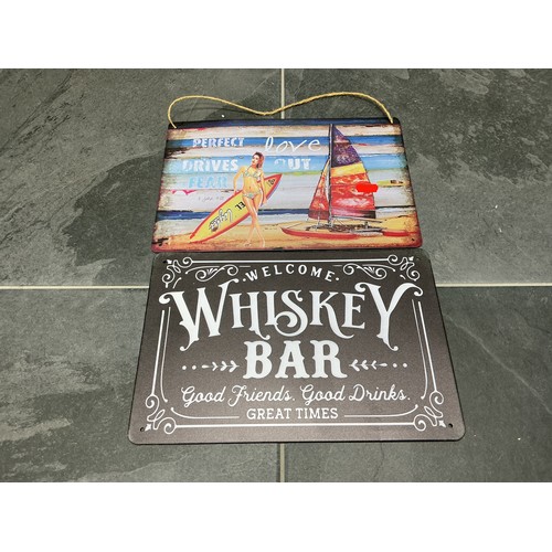 442 - Two Tinplate Signs - Includes Jack Daniels Style 'Whisky Bar', And Beach Bar Style. Both Approx 20cm... 