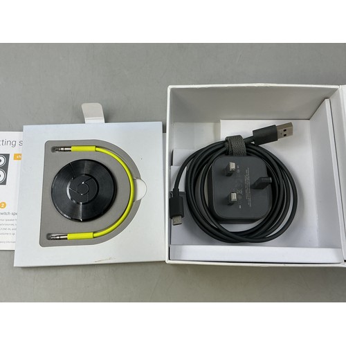 323 - Boxed Chromecast Audio complete with power lead and auxiliary lead, powers on when tested