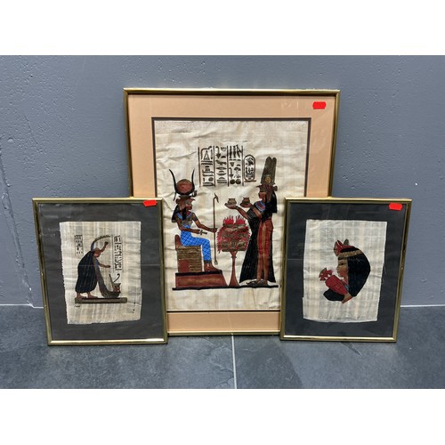 808 - Three Framed and Glazed Egyptian Papyrus Paintings, Largest 52x42cm