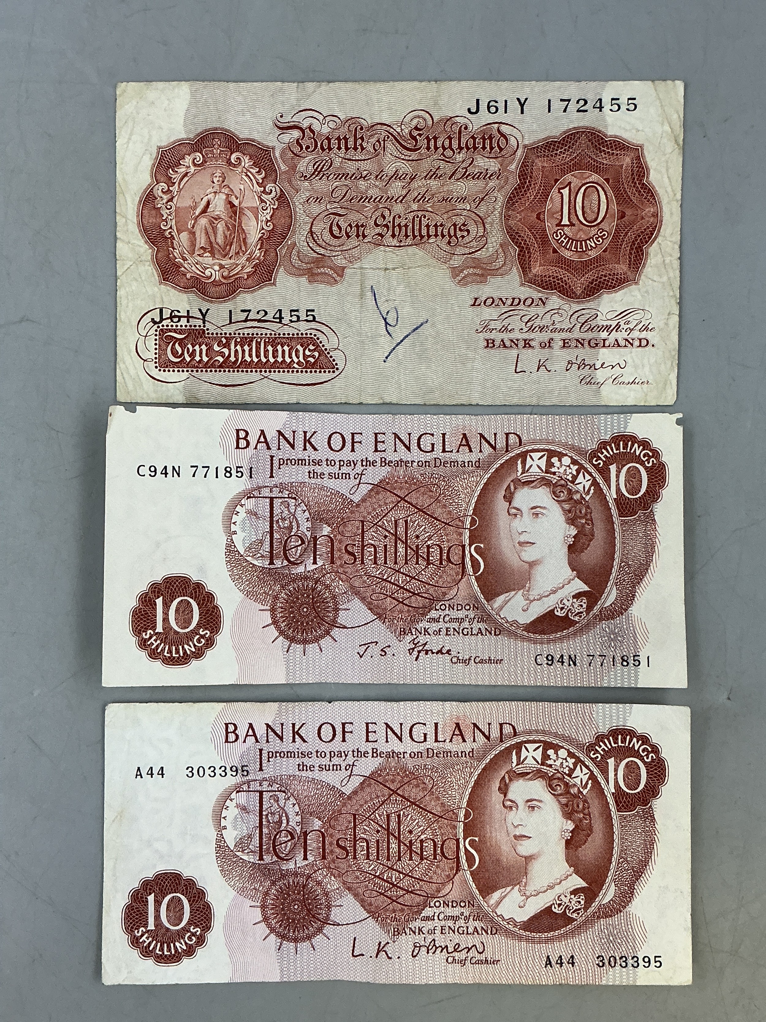Three Ten Shilling Bank Notes (Two O'Brian & One Fforde)