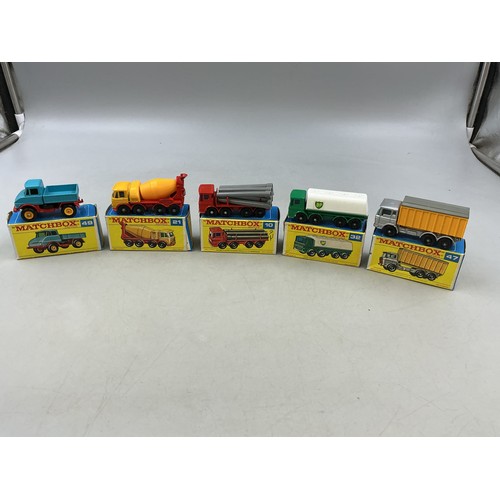 Five Boxed Collectible Matchbox /Lesney Models ( Type F Box ) To Include No 10 Pipe Truck, No 32 BP Leyland Petrol Tanker, No 49 Unimog, No 21 Foden Concrete Truck and No 47 DAF Tipper Container Truck, Pre-Owned&nbsp;
