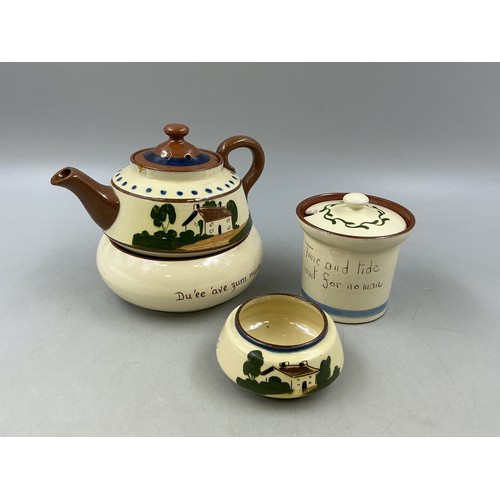 290 - Four Pieces of Torquay/Dartmuth Ware - Includes Teapot, Bowl, Condiment Pot, And Other Bowl. As Foun... 