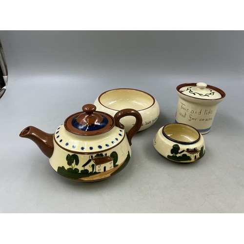 290 - Four Pieces of Torquay/Dartmuth Ware - Includes Teapot, Bowl, Condiment Pot, And Other Bowl. As Foun... 