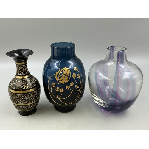 294 - Three small vase's to include - A vintage etched brass vase (16cmx7cm) a rainbow glass vase (16cmx12... 