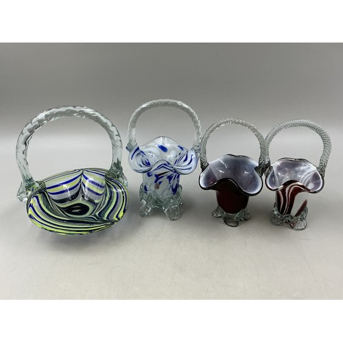316 - Four Murano Basket Vases - Includes Red/White/Clear Glass, Marbled Blue/White, Blue/Green/Clear Stri... 