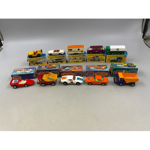 Ten Boxed Matchbox Superfast Models Five With ( Type B Box ) Four With ( Type E Box ) Also One Rola-Matics Model  to Include No 22 Freeman Inter-City Commuter, No 27 Mercedes 230SL, No 57 Trailer Caravan, No 72 Jeep, No 32 BP Leyland Petrol Tanker, No 23 Atlas, No 37 Skip Truck, No 45 BMW 30 CSL, No 8 DE Tomaso Pentera and Rola-matics N0 35 Fandango, Pre-Owned, Some Age Related Wear To Some Boxes