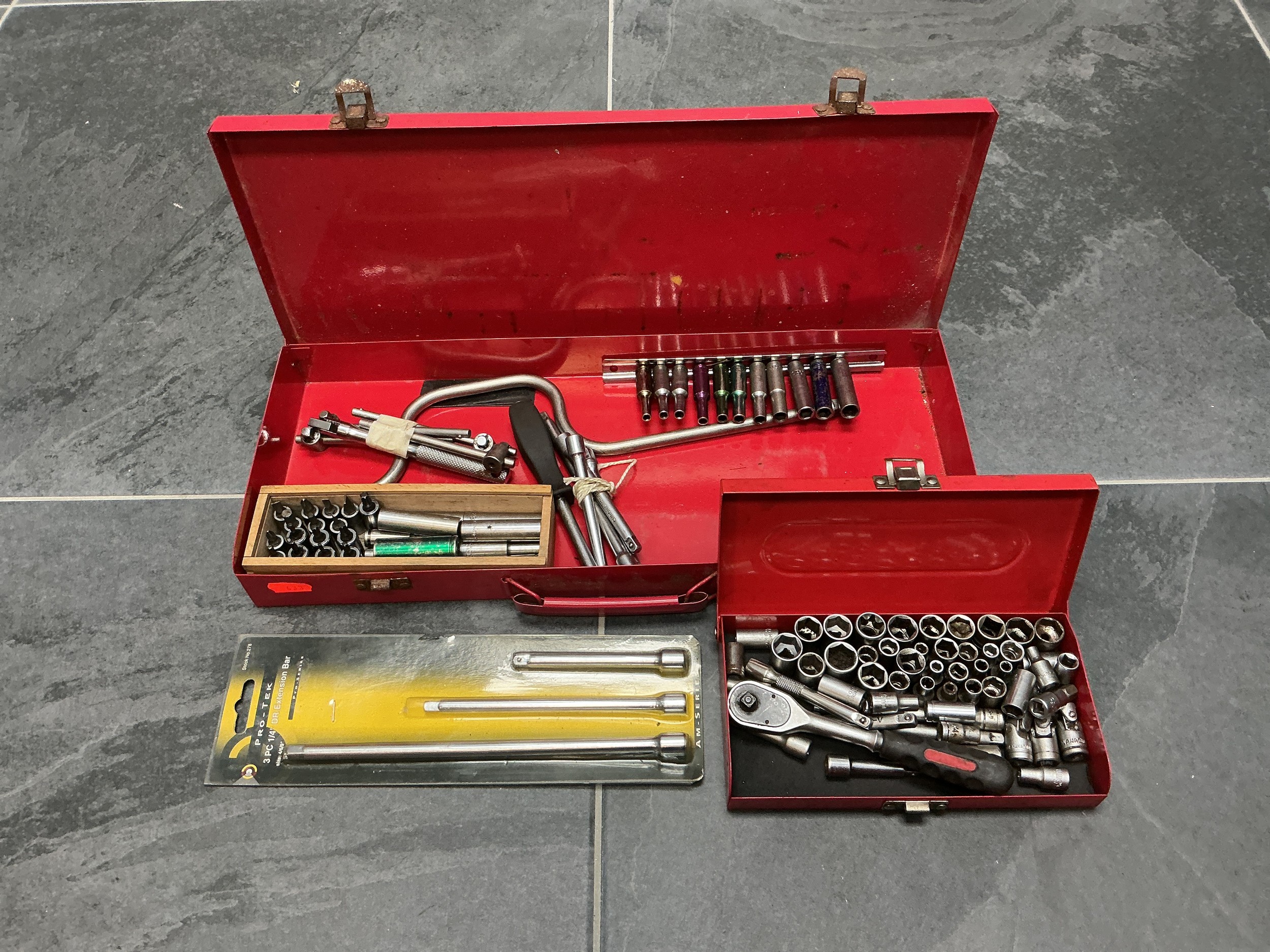Red Metal Storage Box Containing Long Sockets, Drive Sockets, Extension ...