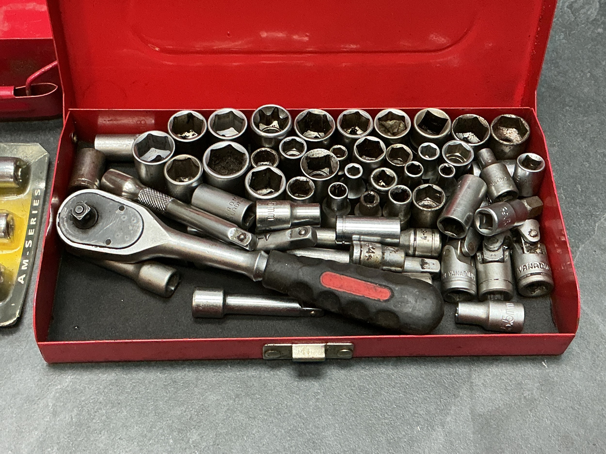 Red Metal Storage Box Containing Long Sockets, Drive Sockets, Extension ...
