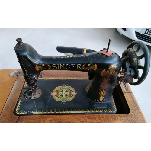 29 - Antique Singer Sewing Machine in Bespoke Made Cabinet on Castors complete with Foot Pedal/Power Cabl... 