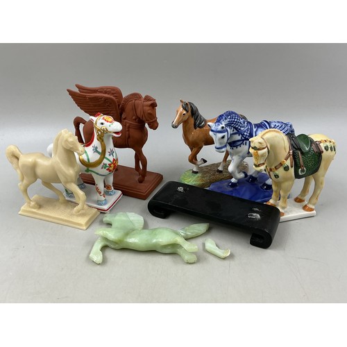 Collection of Seven Collectable Ceramic Horse Statues in Wicker Basket