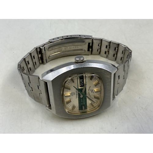 83 - A Vintage Gents Tressa Lazer Beam 21 Jewels Automatic Day/Date Watch - Green Striped TV Dial, Stainl... 