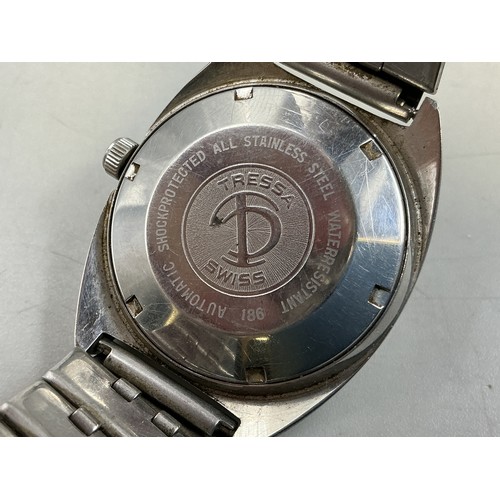 83 - A Vintage Gents Tressa Lazer Beam 21 Jewels Automatic Day/Date Watch - Green Striped TV Dial, Stainl... 