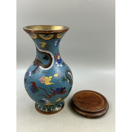 292 - Large Hand Painted Chinese Dragon Cloisonne Vase on wooden plinth 34cm