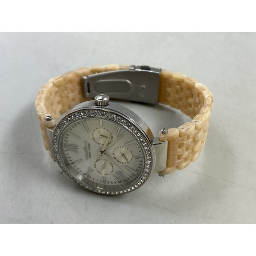 92 - A Caravelle New York By Bulova Ladies Quartz Calendar Watch - Mother of Pearl Dial, Clear Stoned Bez... 