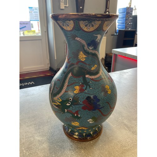 292 - Large Hand Painted Chinese Dragon Cloisonne Vase on wooden plinth 34cm