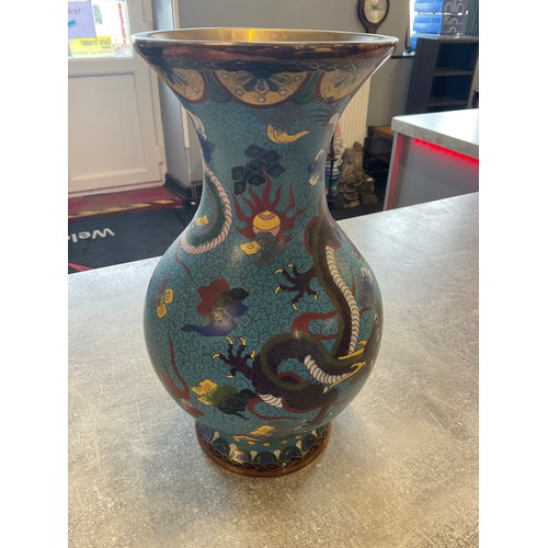 292 - Large Hand Painted Chinese Dragon Cloisonne Vase on wooden plinth 34cm