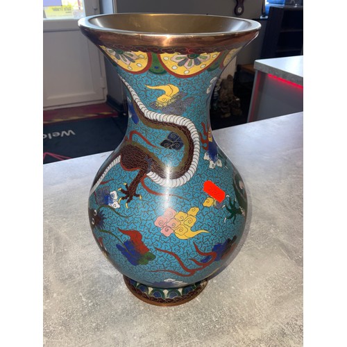 292 - Large Hand Painted Chinese Dragon Cloisonne Vase on wooden plinth 34cm