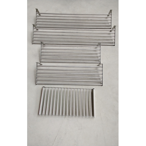 706 - Five Brushed Steel shelves in various sizes, longest measures 120x27cm, smallest measures 60x31cm