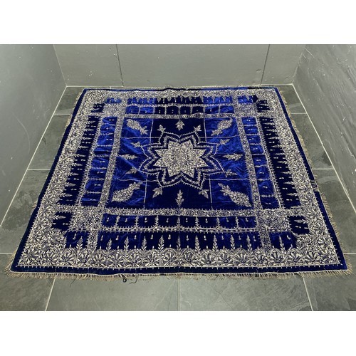 761 - Vintage South Asian Velvet Bedspread or Throw made from Rich Blue Velvet with Silver / Silk Embroide... 