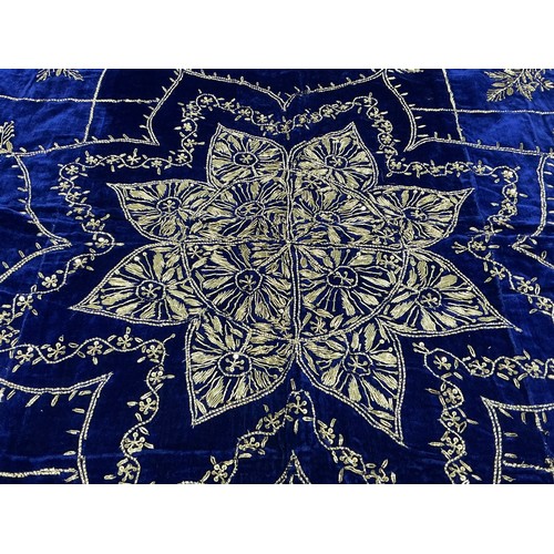 761 - Vintage South Asian Velvet Bedspread or Throw made from Rich Blue Velvet with Silver / Silk Embroide... 