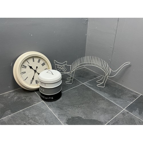 765 - Selection of Items to Include Wall Clock, Cat Design CD Rack and a Treats Cake and Biscuit Tin