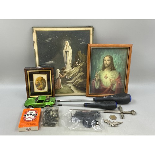 Mixed Lot to include Matchbox car, screwdrivers, Religious Pictures ...