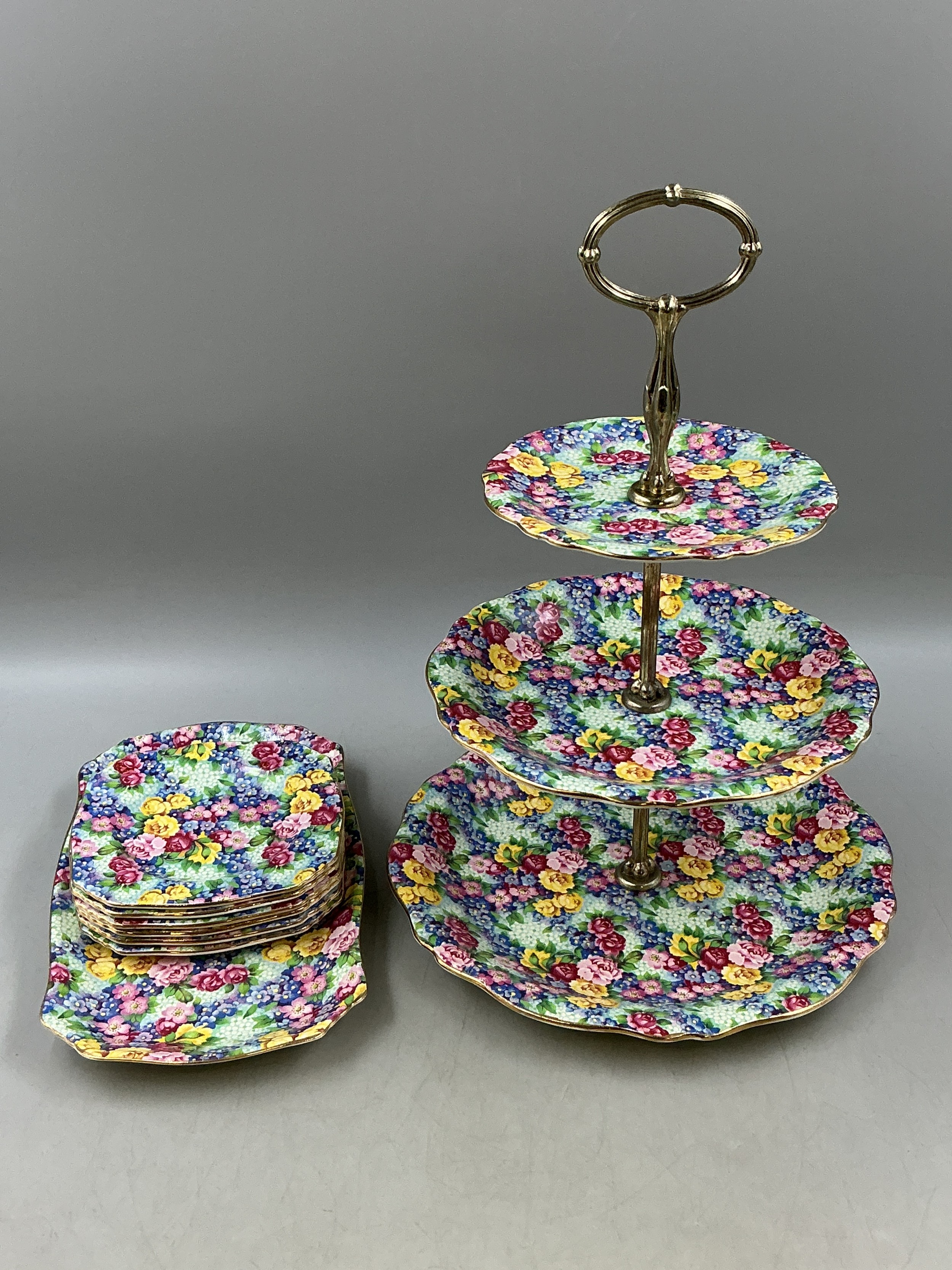 Royal Winton Chintz Julia Pattern Cake Stand with 7 Side Plates