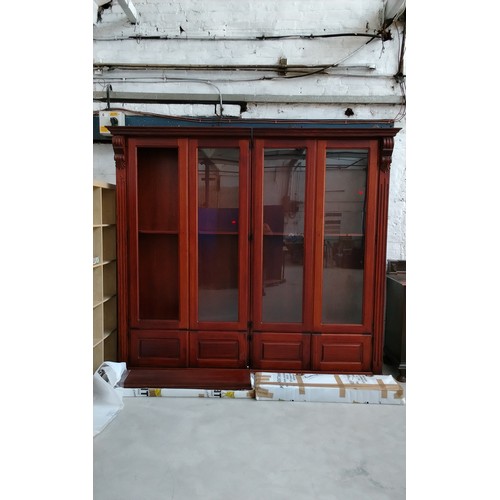 Large 19th Century Architectural French Double Glazed Book Display Unit Topped off with Cornice with Hand Carved Scroll Corners Fitted with Internal Shelves sitting on a Lower Two Door One Cupboard Per Side Storage Section (One Glass Panel Missing and shelf pegs missing but easy to replace, please see pictures) overall Measurements are 250x234x33cm a/f