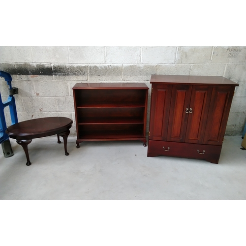 Three pieces of Mid Century Furniture to include a Mahogany TV/Media Unit, Mahogany Book Display Unit a/f and a Oval Coffee Table