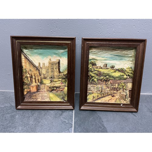 Pair of Vintage 3D Relief English Village & Castle Diorama Framed Wall Art Plaques. Approx. 11" x 10"