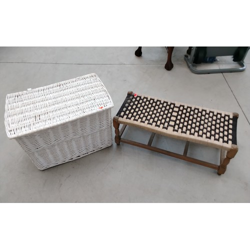 A wicker bedding box and a plastic weave topped Moroccan style bench