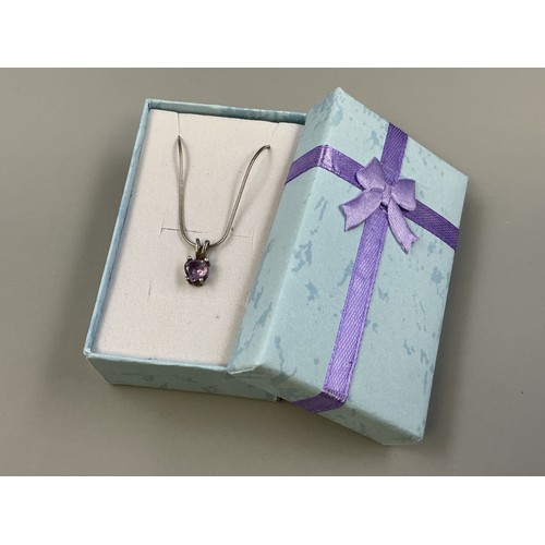 A 925. Silver Purple Stoned Pendant, On 925. Silver Snake Necklace Chain. In Presentation Box