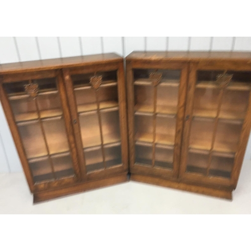 110 - A pair of matching half-height Oak Display Bookcases.
Both have decorative glazed doors and 3 shelve... 