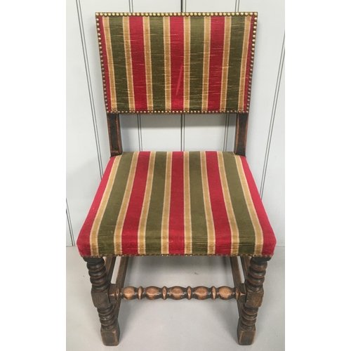 99 - A set of 6 Oak dining chairs.
Charmingly covered in striking, striped fabric.
Dimensions(cm) H89 (47... 