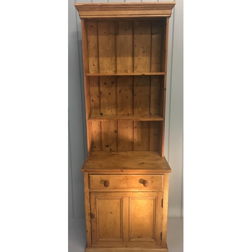 41 - A charming waxed 2-piece Pine dresser. 2 shelves over single cupboard and drawer. 2 shelves in cupbo... 