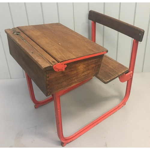 132 - A classic vintage school desk/chair Set. Desk has dovetail joints, hinged lid and inkwell, with atta... 