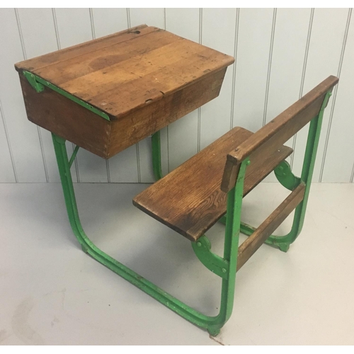 133 - A classic vintage school desk/chair Set. Desk has dovetail joints, hinged lid and inkwell, with atta... 