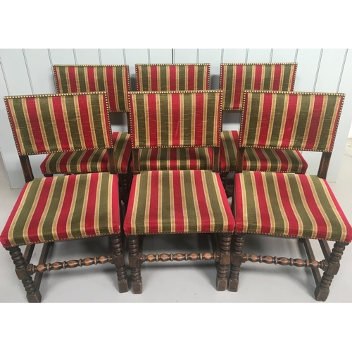 99 - A set of 6 Oak dining chairs.
Charmingly covered in striking, striped fabric.
Dimensions(cm) H89 (47... 