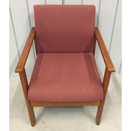 159 - A vintage teak framed reception chair, with burgundy fabric.
Dimensions(cm) H77 W59 D61